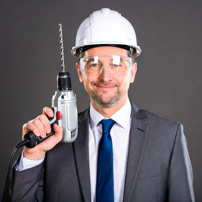 Man in suit holding drill with hardhat