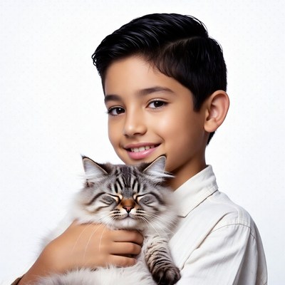Boy holding gray Persian cat