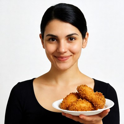 Woman holding fried chicken plate