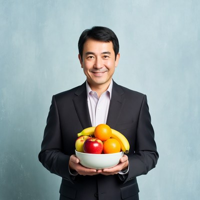 Asian man holding fruit bowl
