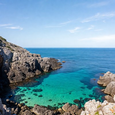 Turquoise cove surrounded by rocky cliffs