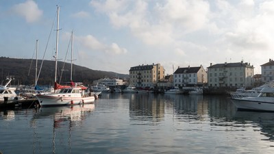 Boats in Harbor with Colorful Houses
