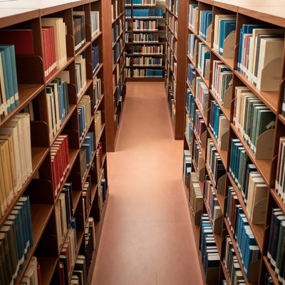 Empty library aisle with bookshelves