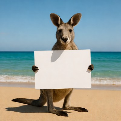 Kangaroo holding blank sign on beach