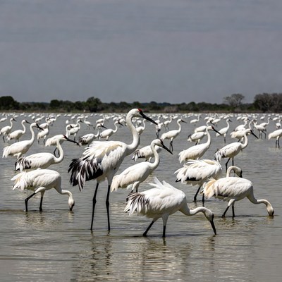 Flock of white cranes in shallow water