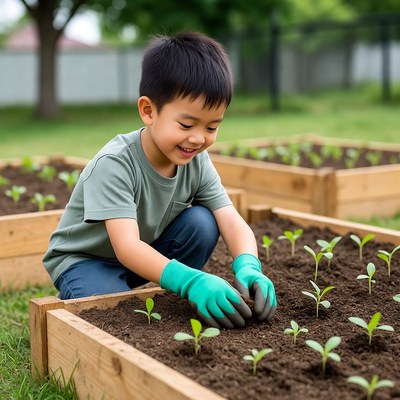Asian boy gardening in raised bed