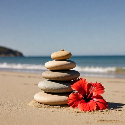 Stacked stones with red hibiscus on beach