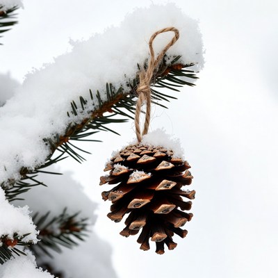 Snowy Pine Cone Ornament on Fir Branch