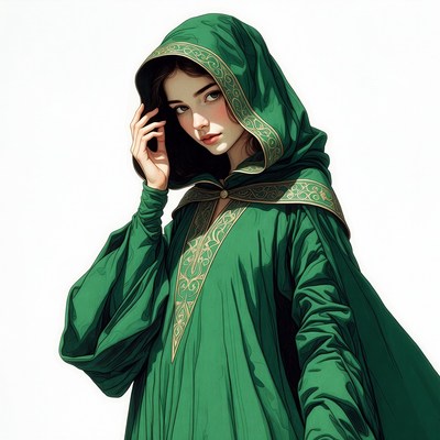 Woman in green hooded cloak