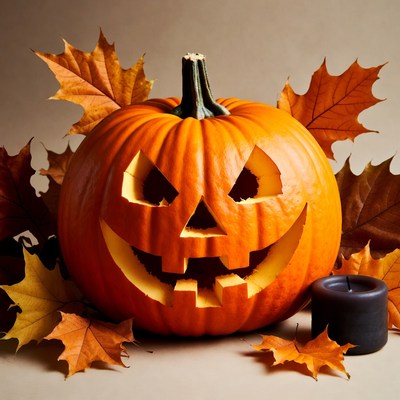 Jack-o'-lantern with fall leaves