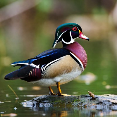 Wood duck standing on rock