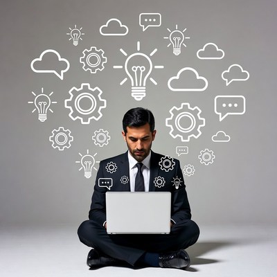 Businessman working on laptop with icons