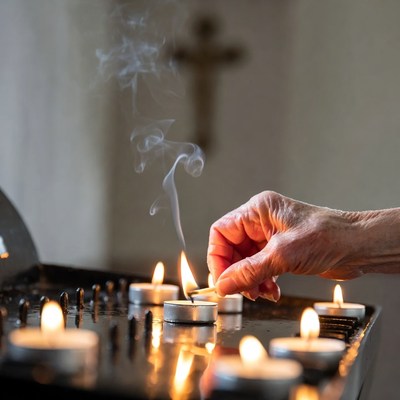 Elderly hand lighting church candle