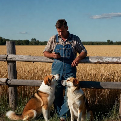 Man with two dogs by wheat field fence