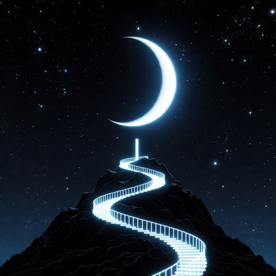 Glowing Stairway to Crescent Moon on Mountain