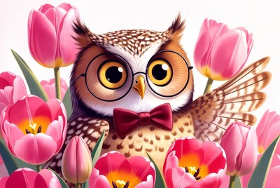 Cute Owl Wearing Glasses in Pink Tulips