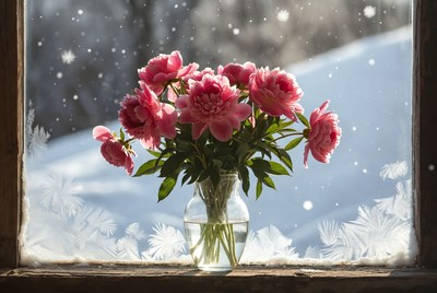 Pink peonies in vase by snowy window