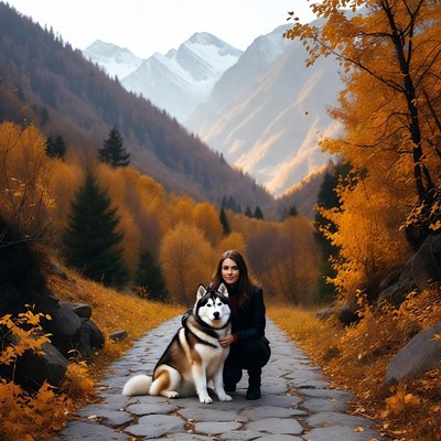 Woman kneeling with husky on mountain path