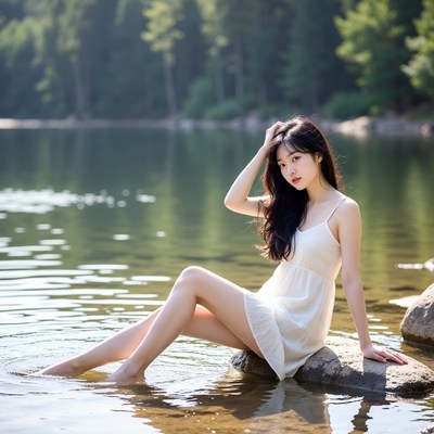 Asian woman in white dress on lakeside rock