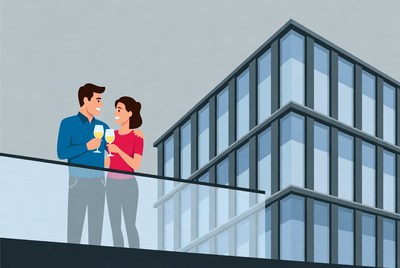 Couple toasting champagne on rooftop