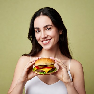 Woman holding burger smiling