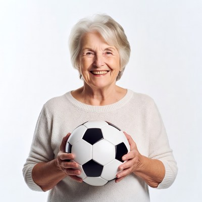 Elderly woman holding soccer ball