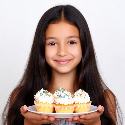 Girl holding cupcakes