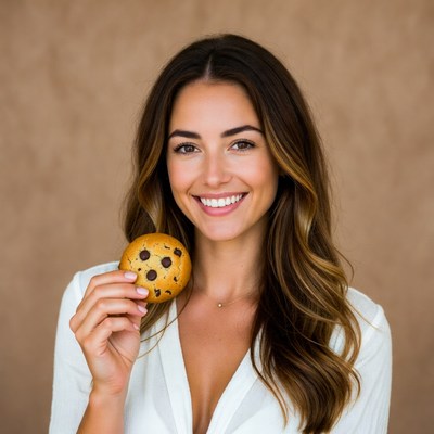Woman holding chocolate chip cookie