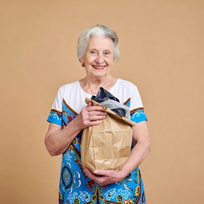 Elderly woman holding brown paper bag