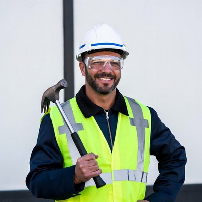 Construction worker holding hammer