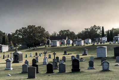 Graveyard with tombstones and mausoleums