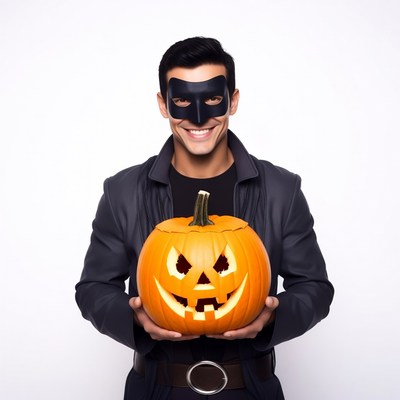 Man in black mask holding jack-o-lantern