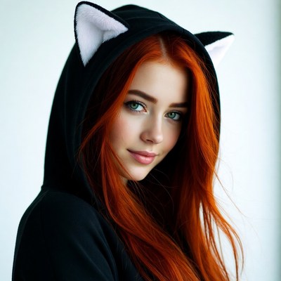 Redhead woman in cat ear hoodie
