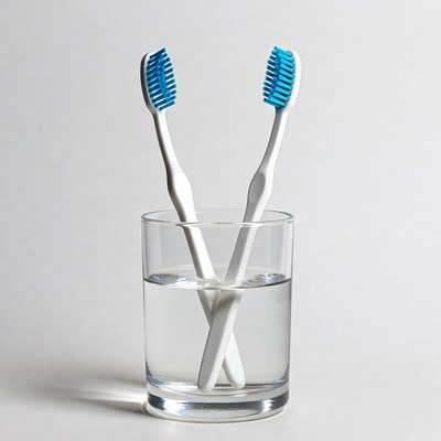 Two blue toothbrushes in glass
