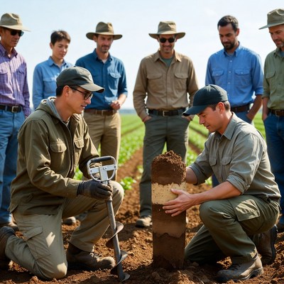 Farmers examining soil core sample
