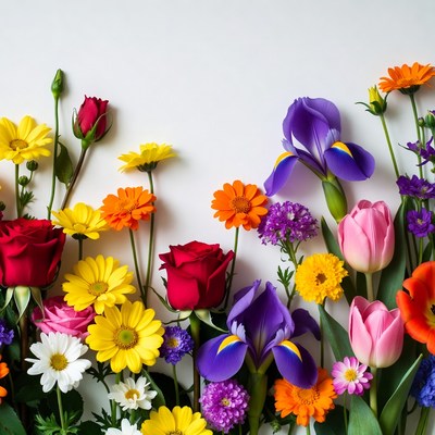 Colorful Flowers Flat Lay White Background