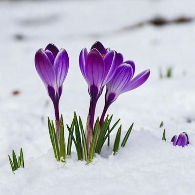 Purple crocuses blooming in snow