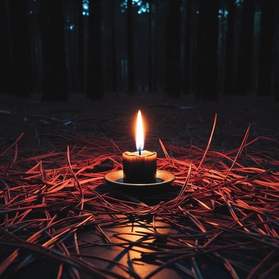 Lit Candle in Forest Pine Needles