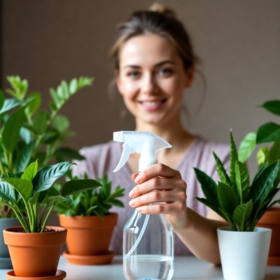Woman spraying water on houseplants