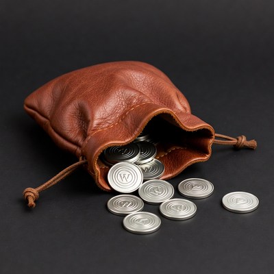 Brown leather pouch spilling silver coins
