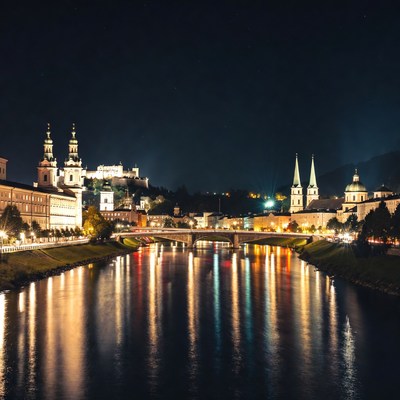 Salzburg Night Skyline with River Bridge