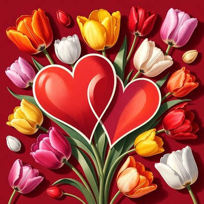 Red Hearts with Colorful Tulips