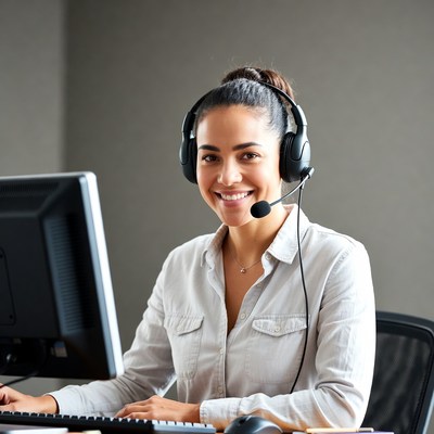 Smiling woman customer service agent on headset