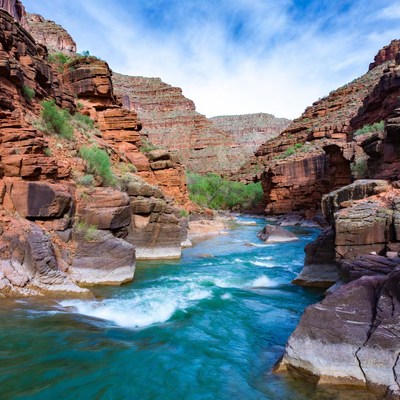 Grand Canyon River Flowing Through Red Rocks