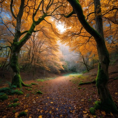 Autumn Forest Path with Mossy Trees