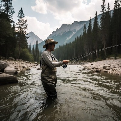 Man fly fishing in mountain river