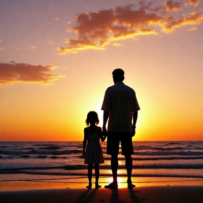 Father and daughter silhouette at sunset beach