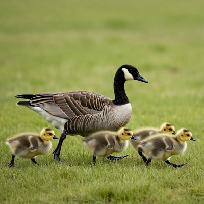 Canada Goose with Goslings in Grass