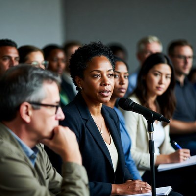 African-American woman speaking at conference