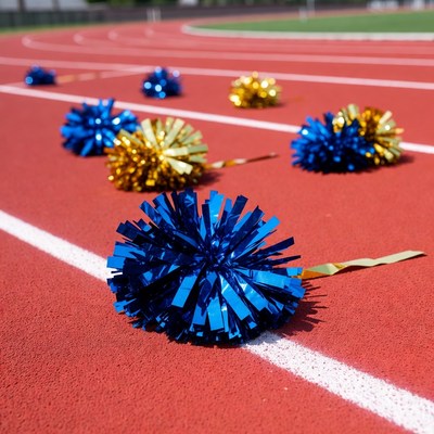 Blue and Gold Pom Poms on Track